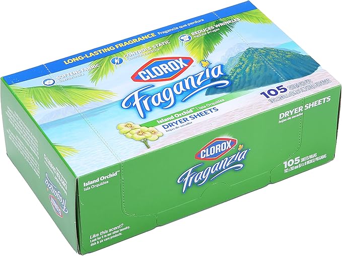 Clorox Fraganzia Fabric Softener Dryer Sheets, Island Orchid Scent - Wrinkle Reducing Scented Softening Laundry Dryer Sheets for Great Smelling Clothes, 105 Count
