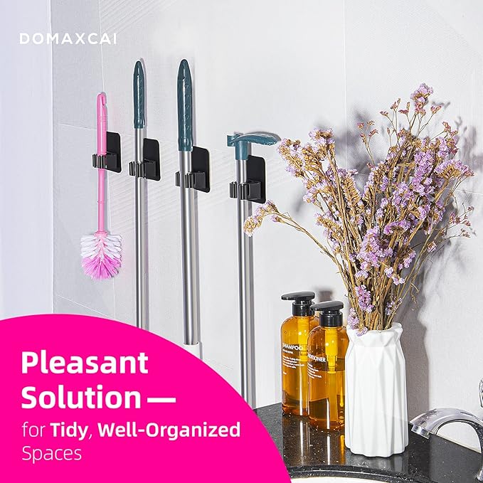 4 Pack Broom Holder Wall Mount, Improved Super Anti-Slip Mop and Broom Holder Wall Mount, Broom Hanger Gripper for Kitchen, Bathroom, Closet, Garden Garage, Black | Super Anti-Slip, Mop and Broom Holder, Broom Hanger Gripper, for Kitchen, Bathroom, Closet