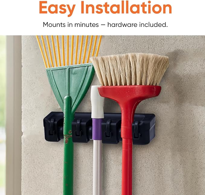 Superio Mop and Broom Holder Wall Mount Storage Organizer for Kitchen, Garage, Garden, 3 Slots (Black)