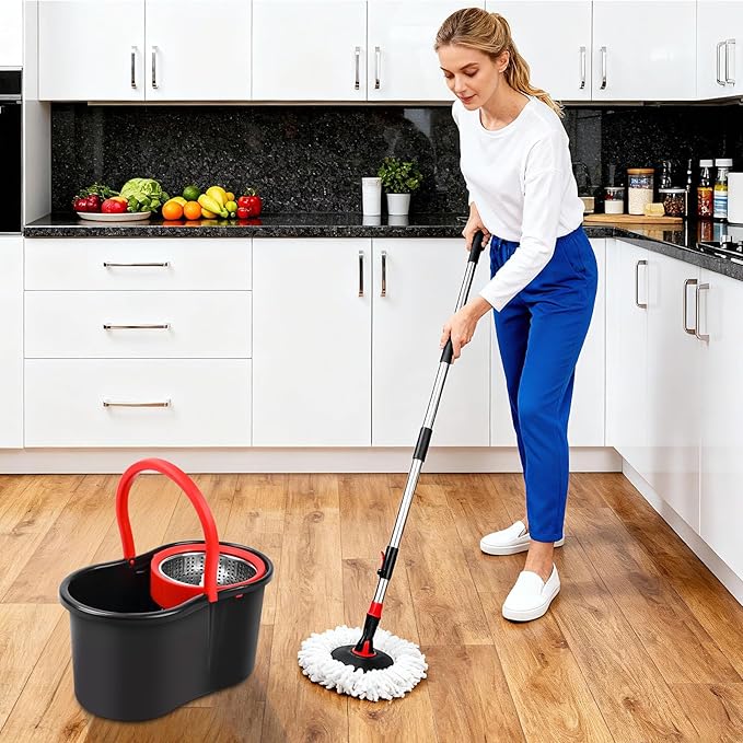 Spin Mop and Bucket with Wringer Set,360° Mop and Bucket System with One Microfiber Mop Refills and 50" Extended Handle for Floor Cleaning (Black)