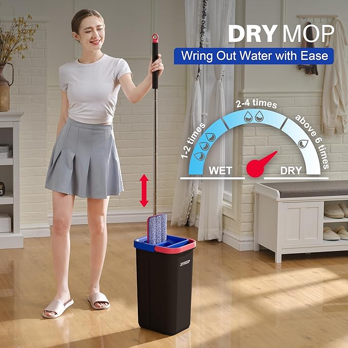 JOYMOOP Microfiber Flat Mop and Bucket System, Mops for Floor Cleaning and Wall Cleaner, Hardwood, Tile, Laminate, Vinyl Floors, Smooth Walls, and Glass Windows - 60" Flat Mop+5 Microfiber Pads[Black]