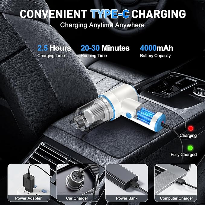KMM Handheld Car Vacuum Cleaner, 11000PA Vacuum Cleaner & Air Duster, 120W High Power Vacuum Portable Cordless, Hand Held Vacuum Rechargeable with Multi-Nozzles & LED Light for Home, Car, Office