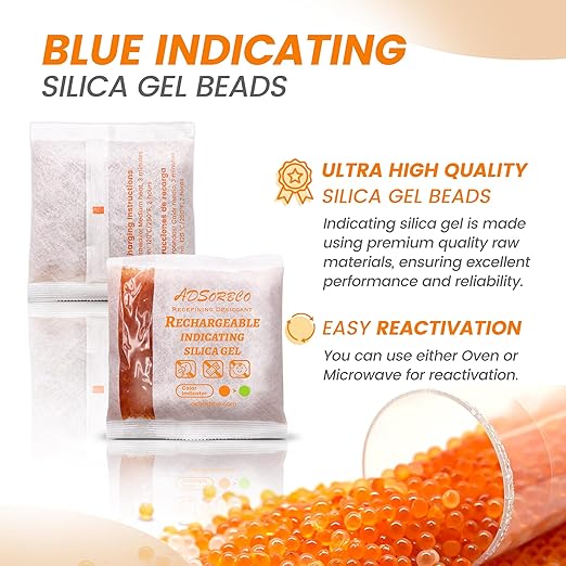 Adsorbco Rechargeable 200 Gram 10 Packs Desiccant, Indicating Silica Gel Packets, Moisture Absorbers for Storage, Gun Safe Dehumidifiers