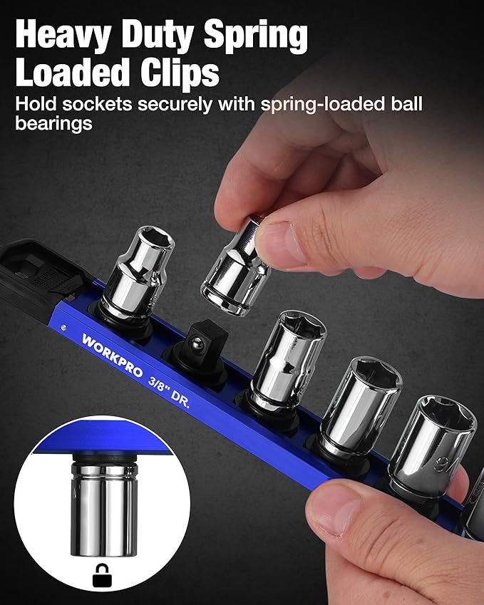 WORKPRO Magnetic Socket Organizer, 3/8" Drive Aluminum Alloy Socket Holder with 10PC Removable Socket Clips for Quick Customization, Socket Rail for Tool Box Drawer (Sockets Not Included)