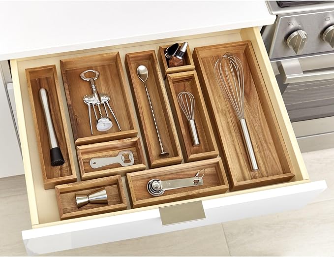 iDesign Acacia Wood Kitchen Drawer Organizer - Set of 3 - Natural