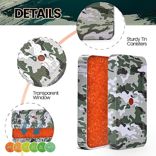 100 Gram Camouflage Gun Safe Dehumidifier Silica Gel Canister Rechargeable Dehumidifier Desiccant Reusable Indicating Desiccant Moisture Absorber with Visible Window [2PACK]