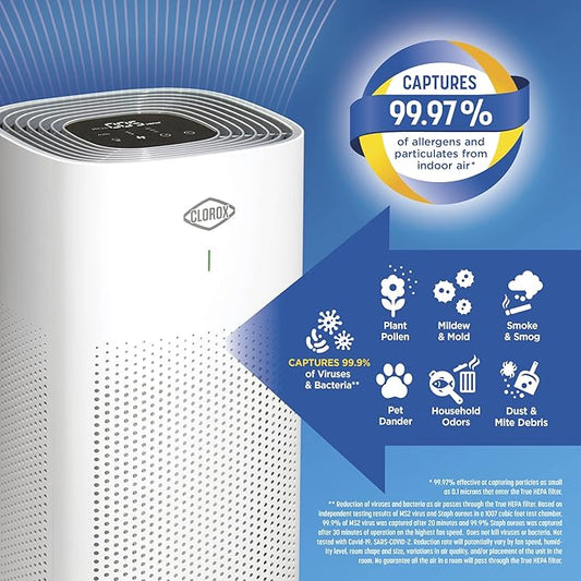 Clorox HEPA Air Purifiers for Home, True HEPA Filter, Large Rooms Up to 1,500 Sq Ft, Removes 99.9% of Mold, Viruses, Wildfire Smoke, Allergens, Pet Allergies, Dust, AUTO Mode, Whisper Quiet
