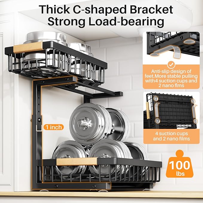 PXRACK 1 Pack Under Sink Organizer,Adjustable Height,2 Tier Pull Out Under Cabinet Organizer,Slide Out Thickened Metal Under Sink Storage for Kitchen Bathroom Laundry Cabinet Pantry,Black(L)