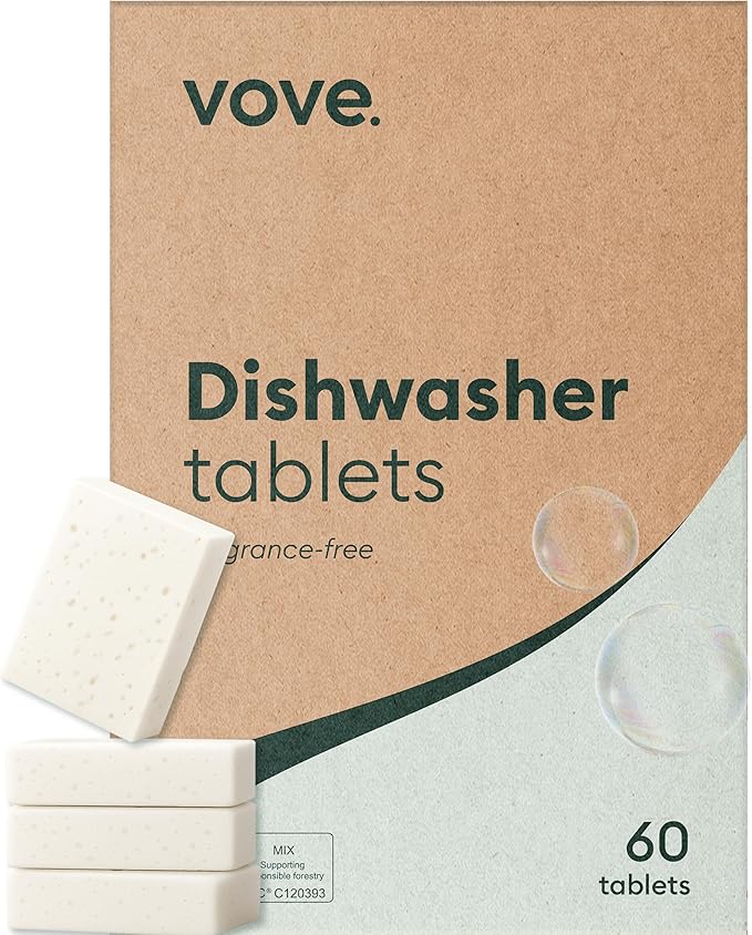 Vove Plastic-Free Dishwasher Tablets, 60 Pack - All-in-One Plant-Based Formula with 2x Enzyme Power - Tackles Stubborn Stains, No Pre-Rinse Needed, Biodegradable & Concentrated, Fragrance-Free