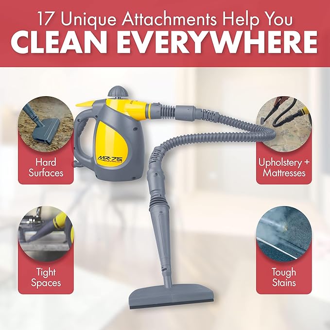 Vapamore MR-75 Amico Handheld Steam Cleaner, 17 Attachments Including the Turbo Pet Tool, Chemical Free Professional-Grade Handheld Steamer Quickly & Easily Cleans Upholstery, Bathrooms, Cars & More
