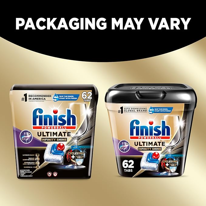 Finish Ultimate Infinity Shine Dishwasher Pods, No Pre-Rinse Dishwasher Detergent Soap Removes Burnt-On Stain, with Protector Shield & CycleSync Technology, Degreasing & Scrubbing Power, 62 Count