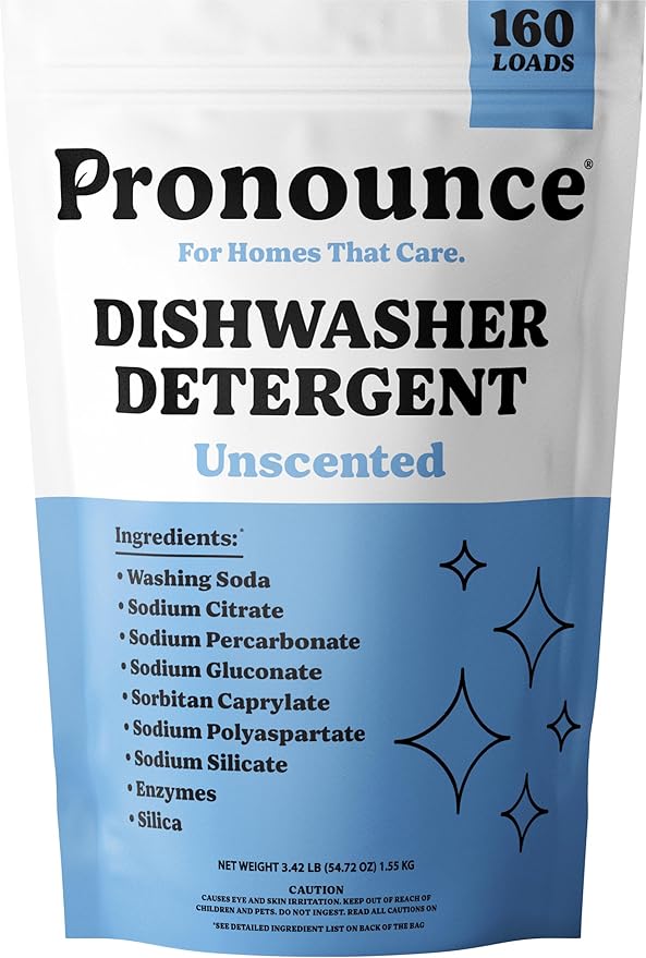 Pronounce Dishwasher Detergent - Cleaner Ingredients, Fragrance Free - Ultra Concentrated Dish Soap, Cuts Grease and Grime, Dishwasher Pods Alternative (Residue-Free). (160 Loads, Unscented)