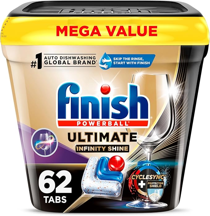 Finish Ultimate Infinity Shine Dishwasher Pods, No Pre-Rinse Dishwasher Detergent Soap Removes Burnt-On Stain, with Protector Shield & CycleSync Technology, Degreasing & Scrubbing Power, 62 Count