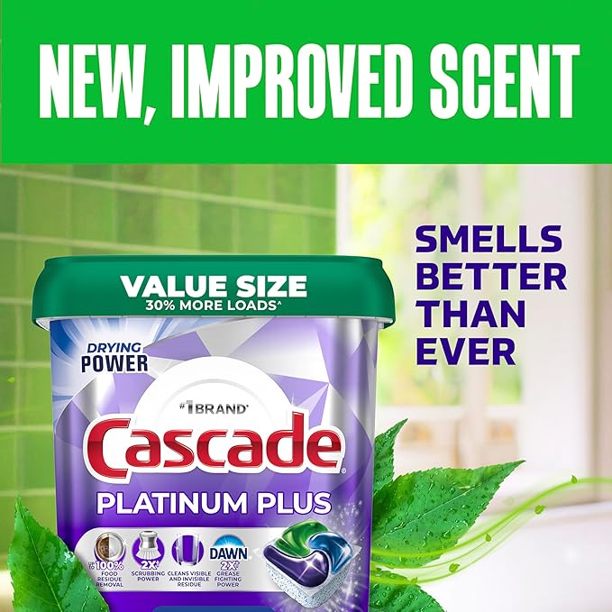 Cascade Platinum Plus Dishwasher Pods, Dish Detergent Soap, Clean Scent, 62 Count