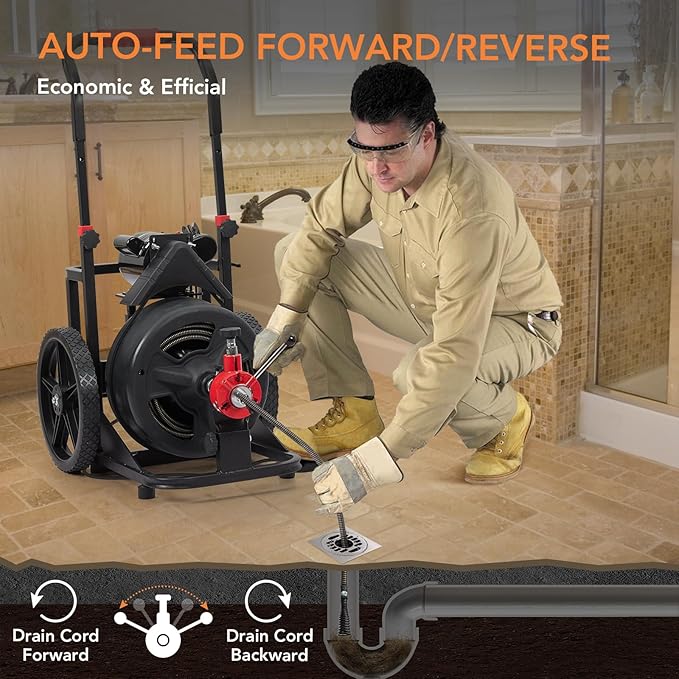 100 FT x 1/2 Inch Drain Cleaner Machine, Auto-feed Electric Sewer Snake, Heavy-duty Drain Auger with 6 Cutter & Air-activated Foot Switch for 1" to 4" Pipes
