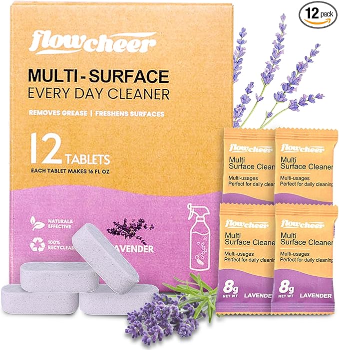 flowcheer Multi Surface Cleaner Refills -All Purpose Cleaning Tablets-Makes 192 fl oz(12 x 16 Fl oz) Bottles of Spray Cleaner for Household&Kitchen Cleaning-Lavender Scent(Not Included Bottles)