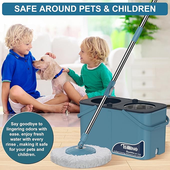 Gen 1 Large-Capacity Spin Mop and Bucket – for Big Homes & Deep Cleaning Days,4-Chamber System Separates Dirty & Clean Water, 2-GAL Heavy-Duty Design with Wheels & 8 Refill Mop Heads - Blue/Grey
