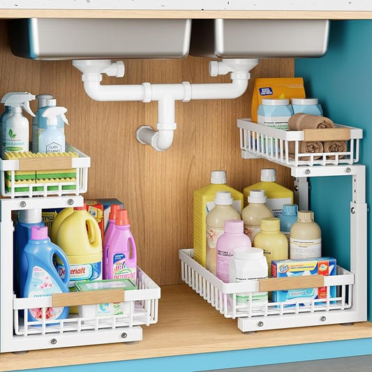 2 Packs Under Sink Organizer,Small Shelf for narrow spaces,2 Tiers Pull Out Under Cabinet Organizer,Adjustable Height,Slide Out Thickened Metal Under,White
