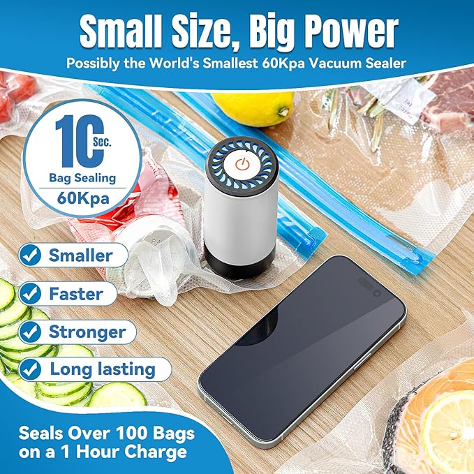 Handheld Vacuum Sealer, 3rd Generation Vacuum Sealer for Food + 30 Sous Vide Bags