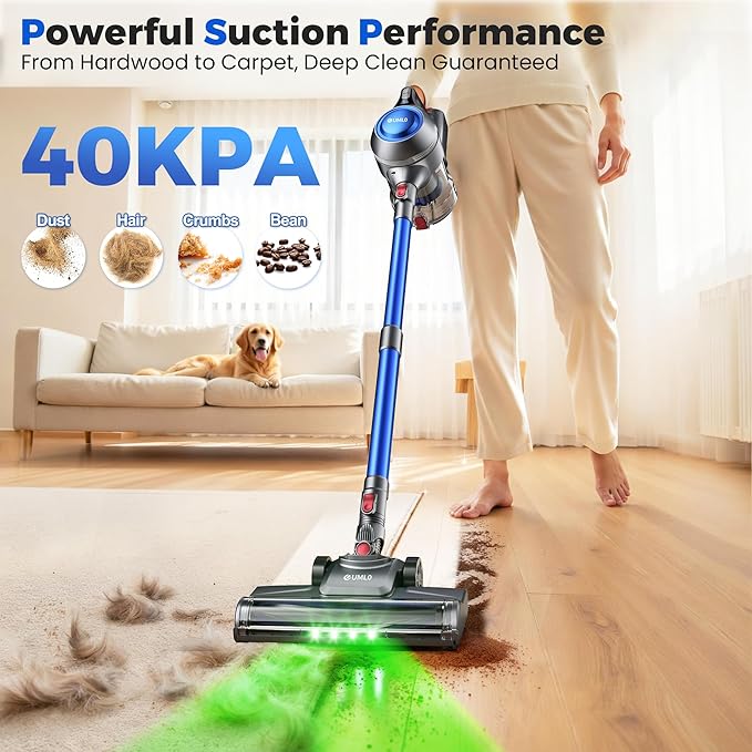 Cordless Vacuum Cleaner, 40Kpa Powerful Suction Stick Vacuum Cleaners for Home, 45 Mins Runtime, 1.6L Dust Box, Anti-Tangle, 8-in-1 Rechargeable Vacuum for Hardwood Floor, Carpet, Pet Hair