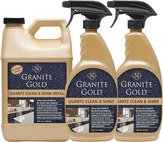Granite Gold Quartz Clean & Shine Streak-Free Cleaner Deeps Cleans and Polishes All Quartz Surfaces Including Silestone, LG, and More, 64 Fluid Ounces and 2 x 24 Fluid Ounces