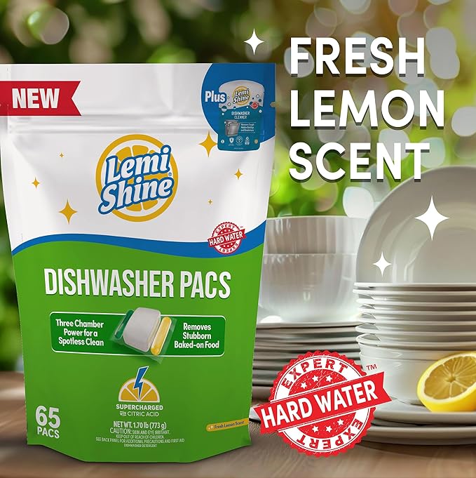Lemi Shine Natural Dishwasher Detergent Pacs with Dishwasher Cleaner Pouch - Eco Friendly Cleaning Supplies - 31.8 oz (65 Count)