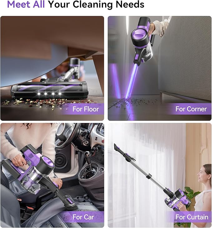 S10 Cordless Vacuum Cleaner, 55Kpa 60mins Lightweight Stick Vacuum with Powerful Suction for Home, Rechargeable, Self-Standing, Handheld Vacuum Cleaners for Hardwood Floors, Carpets, Purple