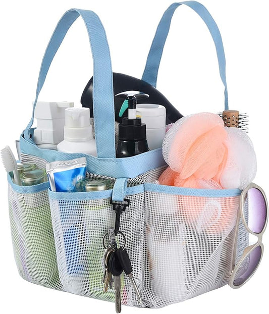 Haundry Mesh Shower Caddy Tote, Large College Dorm Bathroom Caddy Organizer with Key Hook and 2 Oxford Handles, 8 Basket Pockets for Camp Gym