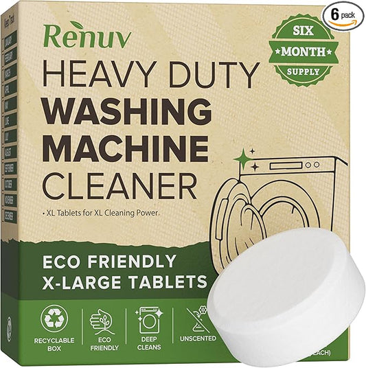 Renuv® Heavy Duty Washing Machine Cleaner Descaler Tablets - for Front Load, Top Load Washer, HE (6 XL Tablets - 6 Months Supply)