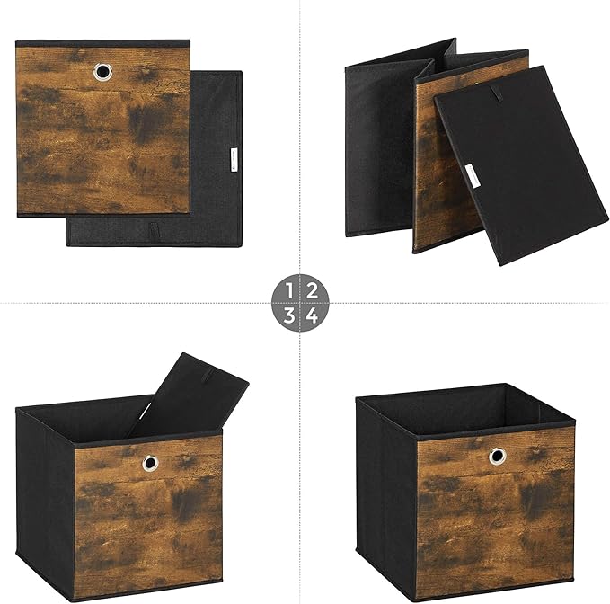 SONGMICS Storage Cubes, Set of 6 Storage Bins with Handles, Foldable Oxford Fabric and Non-Woven Fabric Storage Boxes, 11.8 x 11.8 x 11.8 Inches, Rustic Brown and Black URFB102B01