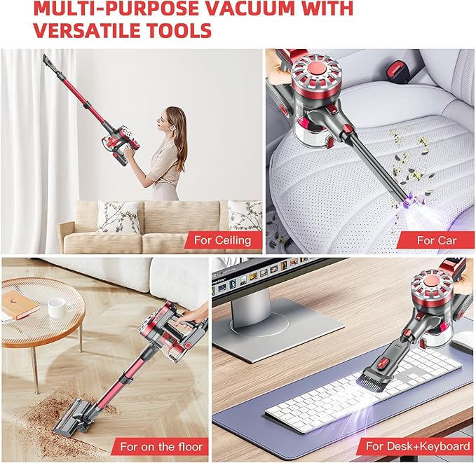 Cordless Vacuum Cleaner for Home, Lightweight Stick Vacuum Cordless Rechargeable with Power Suction, Up to 35 Mins Runtime, Hardwood Floor Vacuum for Pet Hair, Carpets, Tile(Red)
