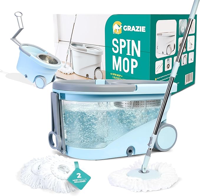 Spin Mop and Bucket Set Cleaning System Wringer 360 Microfiber Mop with Stainless Steel Handle Self Wringing Bucket with Wheels and Drain for Tile Hardwood Laminate Floors Includes 2 Mop Head Refills