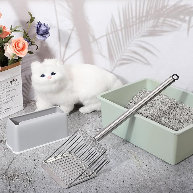 Tioncy Metal Cat Litter Scoop with Holder 17.5 Inch Long Handle Cat Scooper for Litter Box Deep Cat Fast Sifter Shovel Stainless Steel Cat Litter Sifter Scoop Pet Scooper for Kitten Cat Dog Poop