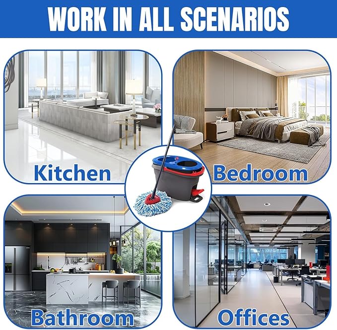 3 Pcs Spin Mop Replacement Heads, 360° Easy Wring Spin Mop 100% Microfiber Refill, Easy Cleaning Spin Mop Heads, 2 Tank System Replace Head for Easy House Cleaning Floor Mopping, Blue&White