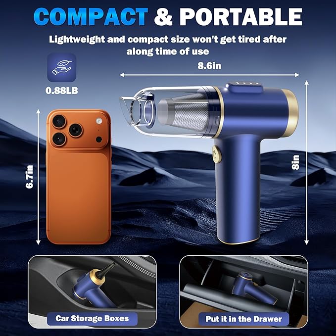 Handheld Car Vacuum Cleaner, 2-in-1 Portable Mini Car Vacuum Cleaner,16000Pa High Power & Air Duster, Handheld Vacuum Cordless with LED Light and Multi-Nozzles for Car,Home,Office,Pet(Blue)