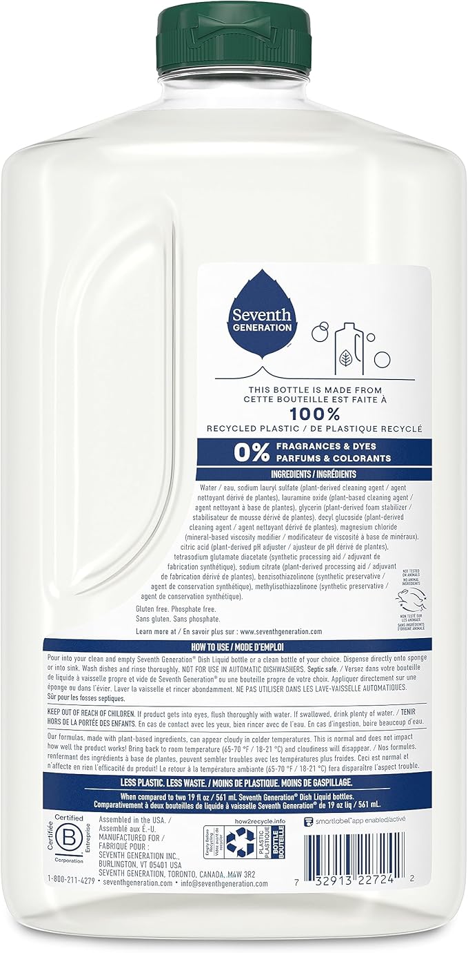 Seventh Generation Dish Liquid Soap Refill Free & Clear Dish Soap for sensitive skin 50 oz, Pack of 3