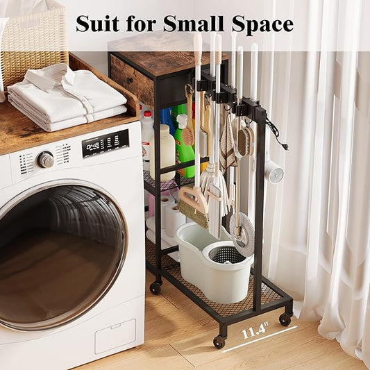 Heavy Duty Metal Cleaning Cart with Wheels,Broom Holder with Cleaning Supplies Organizer,Broom Storage Cart with Mop Hanger Gripper Rack Hooks for Home, Commercial (Rustic Brown, 29.72" L)