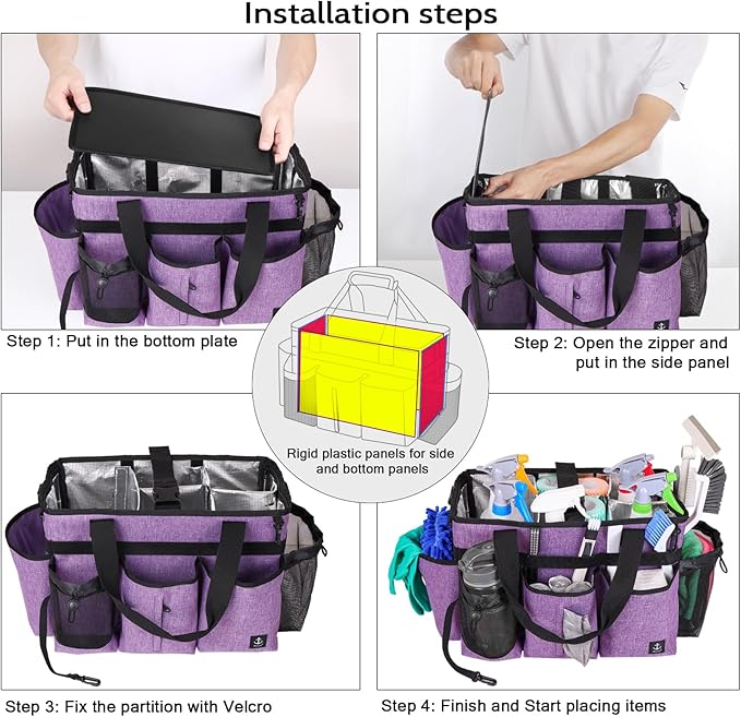Large Cleaning Caddy Bag Built-in Sturdy Support Board, Cleaning Organizer with Detachable Divider, Cleaning Supply Tote with Adjustable Shoulder Strap&Waist Belt for Cleaners & Housekeeper