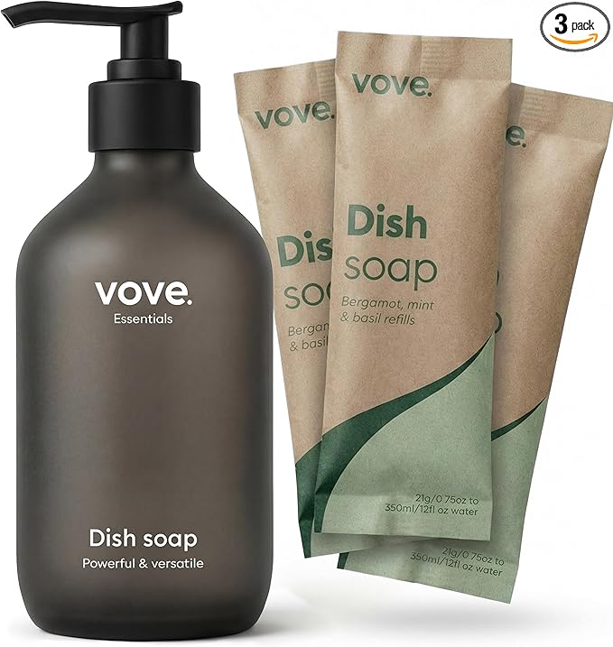 Vove Dish Soap Starter Set with Refillable Glass Pump Bottle & 3 Refills, Bergamot Mint & Basil, Powder-to-Gel Dishwashing Liquid, Plant-Based Concentrated Formula, Plastic-Free Packaging