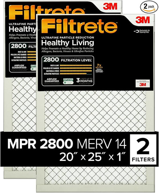 Filtrete 20x25x1 Air Filter, MPR 2800, MERV 14, Healthy Living Ultrafine Particle Reduction 3-Month Pleated 1-Inch Air Filters, 2 Filters