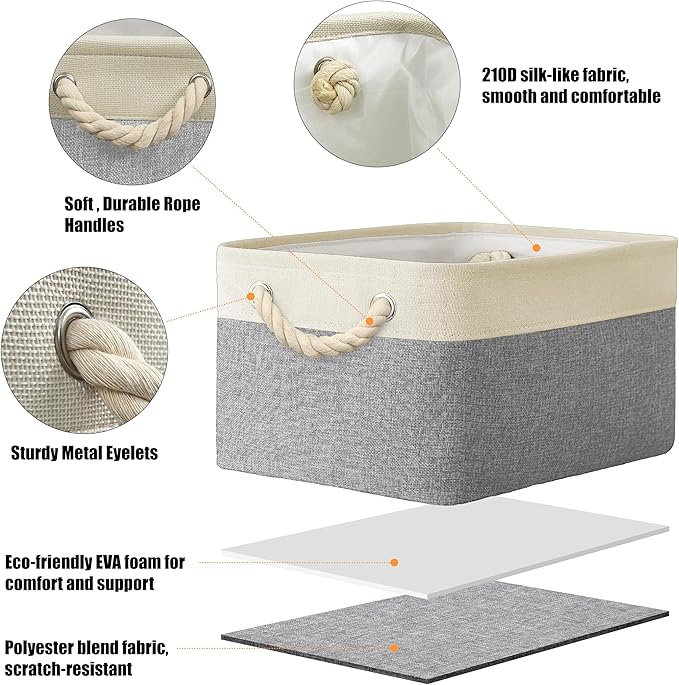 Simple Houseware Large Fabric Storage Bin, 15.7" x 12" with Braided Handles, 3 Pack, Gray