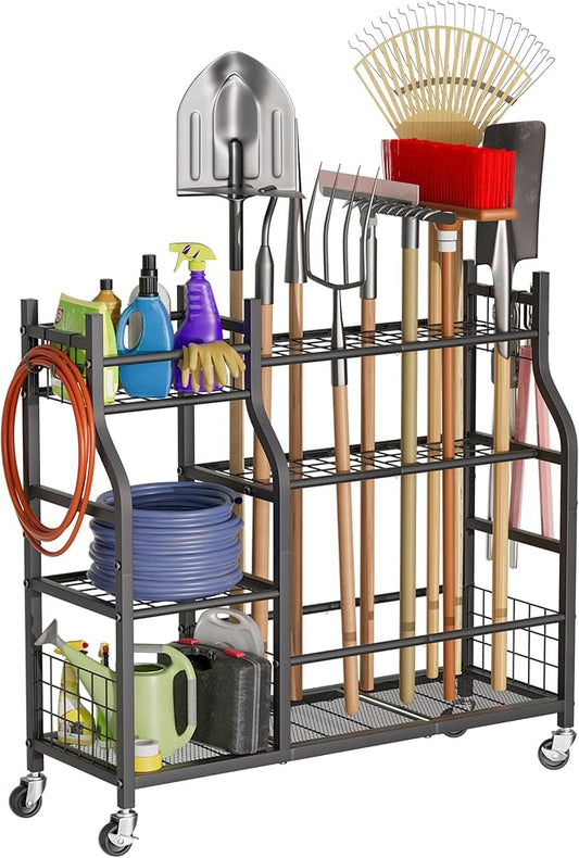 Garden Tool Organizer with Wheels for Garage and Shed, Spacious Tool Storage, Multi-Tier Design with Side Hooks for Rakes, Shovels, Brooms, and Yard Tools Rolling Cart