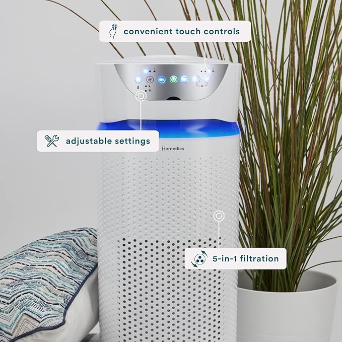 Homedics 5-in-1 UV-C Air Purifier - 360-Degree HEPA Filter for 1,593 Sq Ft, Extra Large Air Purifiers for Bedroom and Home, Essential Oil Pads, Built-In Timer, 5 Speed Settings for Large Rooms, White