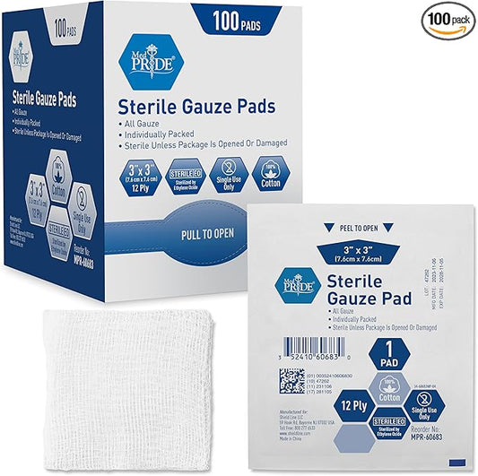 MED PRIDE Sterile Gauze Dressing Pads, 12 Ply Highly Absorbent Cotton, Individually Wrapped, Non Stick, Painless Removal (3x3 Inch (Pack of 100))
