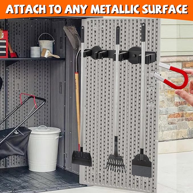 Magnetic Broom Holder Rack,Strong Magnetic Mount Mop Holder 4 Racks for Cleaning Tools,Non-slip Magnetic Tool Holder Broom Hooks for Camper Garage Kitchen