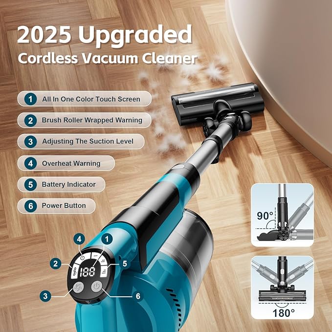 Cordless Vacuum Cleaner with 2 * 4000mAh Batteries, 700W 60Kpa Vacuum Cleaners for Home, 6 in 1 Cordless Stick Vacuum Clearner, Brushless Motor with Led Display for Hard Floors Carpet Pet Hair