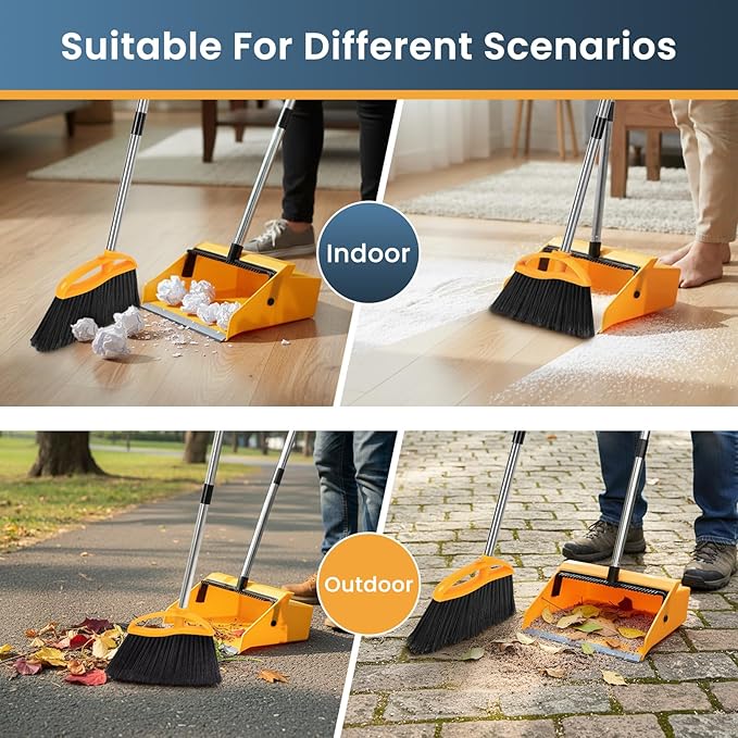 Commercial Broom and Dustpan Set，Long Handle Upright Heavy Duty Dust Pan Outdoor Indoor for Courtyards, Garages, Lobbies, Shopping Malls, Market Floors, Sidewalks, Classroom Floor Cleaning