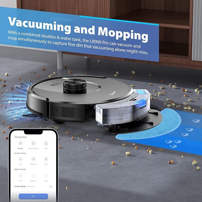 Tikom Robot Vacuum and Mop Combo, 6000Pa Automatic Robotic Vacuum Cleaner, Smart Mapping, 150 Min Max, Ideal for Pet Hair, Hardfloors, Carpets, Home(L8000 Pro)