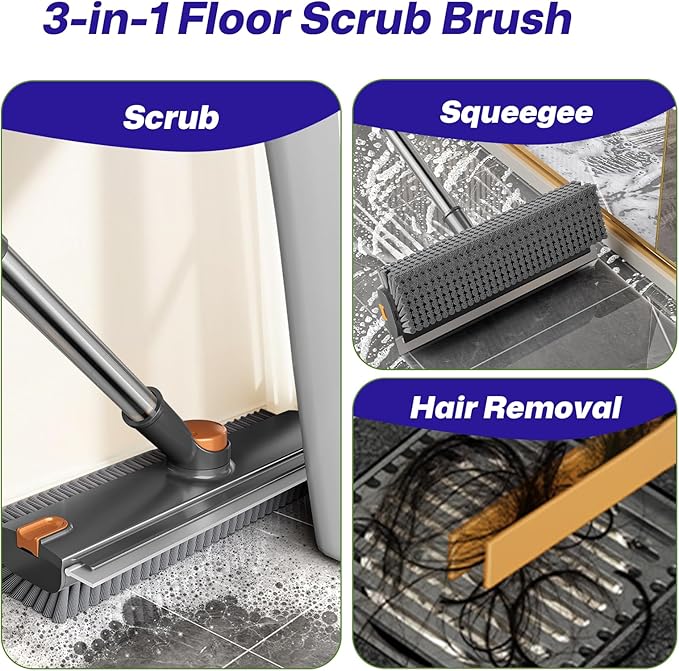 3-in-1 Floor Scrub Brush with Long Handle, Scrape and Heavy-Duty Stiff Bristle Floor Scrubber Brush with Squeegee and Tweezer for Cleaning Tile Wall Deck Bathroom Patio Garage Kitchen