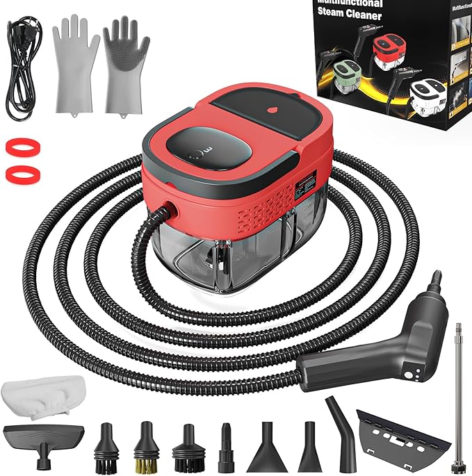 Handheld Steam Cleaner, 2500W High Pressure Steamer for Cleaning, Portable Steam Cleaner with 1.6L Water Tank, 3 Levels Adjustable Handle, Steam Cleaner for Home, Car, Furniture, Bed Bugs (Red)